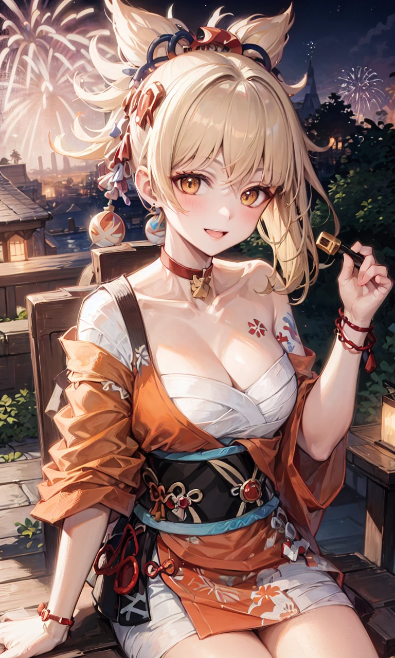 1girl,cowboy shot,sitting,chair, fireworks,evening,joy,origen,