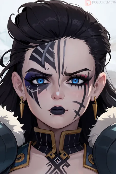 (masterpiece:1.2), (best quality:1.2), perfect eyes, perfect face, perfect lighting, 1girl, mature barbarian woman, close-up portrait, long messy black hair, pompadour cut, moles, blue eyes, slicked back hair, (((warpaint, face paint))), unimpressed, arched eyebrow, fur pauldrons, fantasy, detailed snowy outdoor background, thick eyelashes <lora:warPaint_warPaint:1>