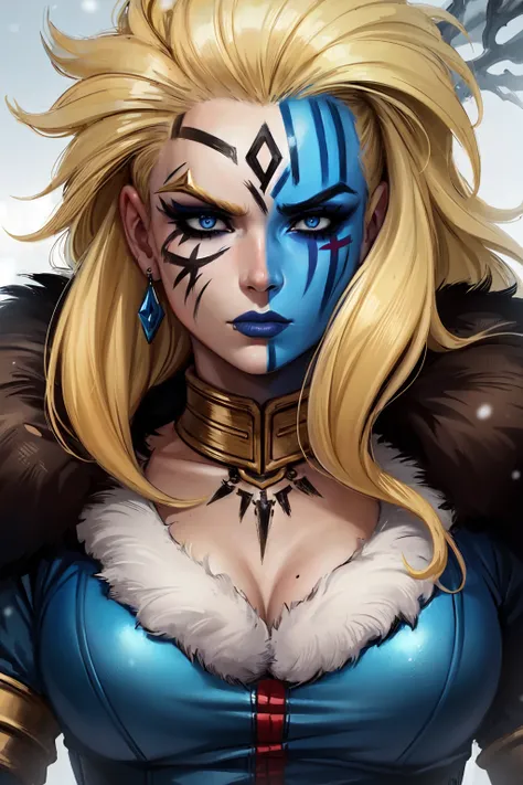 (masterpiece:1.2), (best quality:1.2), perfect eyes, perfect face, perfect lighting, 1girl, mature barbarian woman, close-up portrait, long messy blonde hair, moles, blue eyes, slicked back hair, (((warpaint, face paint))), unimpressed, arched eyebrow, fur pauldrons, fantasy, detailed snowy outdoor background, thick eyelashes <lora:warPaint_warPaint:1>