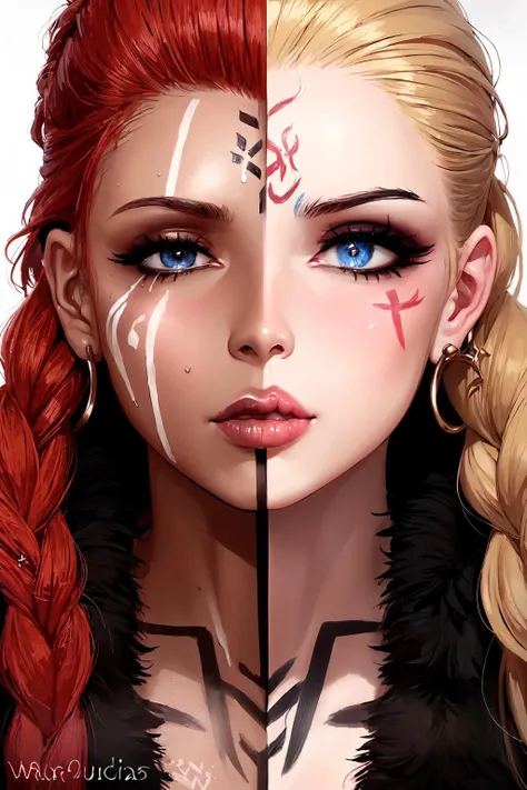(masterpiece:1.2), (best quality:1.2), perfect eyes, perfect face, perfect lighting, 1girl, mature barbarian woman, close-up portrait, long blonde red hair, thick braids, moles, blue eyes, slicked back hair, (((warpaint, face paint))), unimpressed, arched eyebrow, fur pauldrons, fantasy, detailed snowy outfoor outdoor background, thick eyelashes <lora:warPaint_warPaint:1> <lora:fellatrixStyle_v1:0.6>