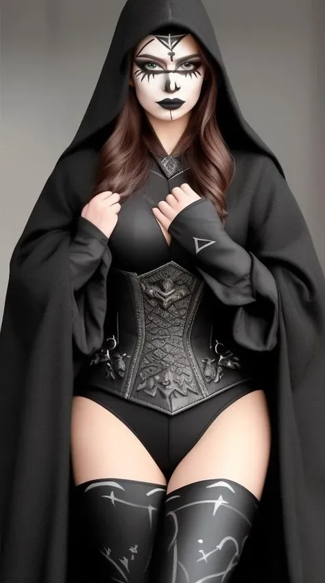 <lora:WarPaint:0.7> beautiful woman, warpaint, face paint, medium breasts, black robes with hood