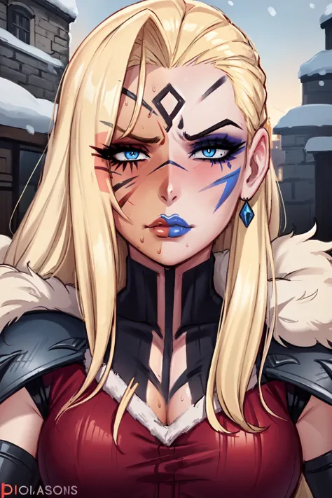 (masterpiece:1.2), (best quality:1.2), perfect eyes, perfect face, perfect lighting, 1girl, mature barbarian woman, close-up portrait, long messy blonde hair, moles, blue eyes, slicked back hair, (((warpaint, face paint))), unimpressed, arched eyebrow, fur pauldrons, fantasy, detailed snowy outdoor outdoor background, thick eyelashes <lora:warPaint_warPaint:1> <lora:fellatrixStyle_v1:0.6>