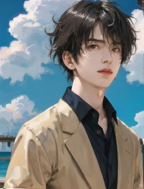 <(masterpiece, realistic:1.3), (extremely intricate:1.2)>, portrait of a man, handsome, (face:1.2), short hair, messy hair, wind, cloud, sunlight, cinematic light,