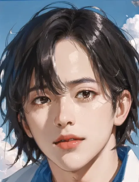 <(masterpiece, realistic:1.3), (extremely intricate:1.2)>, portrait of a man, handsome, (face:1.2), short hair, messy hair, wind, cloud, sunlight, cinematic light,