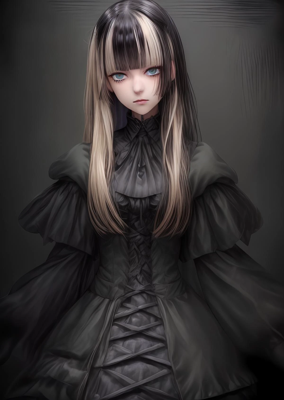 <lora:Raden:.7> Raden, black hair, blonde highlights, gothic dress, close up portrait,gray green eyes, Raden <lora:sharp_eyes:.7> sharp eyes <lora:_20230805154543:.7> black background <lora:more_details:.8> <lora:egirl:.7>