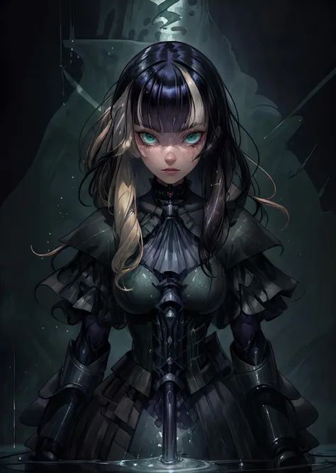 beautiful woman, <lora:Raden:.7> Raden, black hair, blonde highlights, gothic dress, portrait,gray green eyes, Raden <lora:sharp_eyes:.7> sharp eyes <lora:_20230805154543:.5> black background <lora:more_details:.5> <lora:PerfectFullBreasts-fCV3.5:.6>, hyper realistic photography of a highly detailed and symmetrical cyborg crafting a machine that makes black flowers in the style of Jin Kagetsu, James Jean and wlop, highly detailed, masterpiece, award-winning, sharp focus, intricate concept art, ambient lighting, 8k, artstation, water, fluid simulation, flowing river,