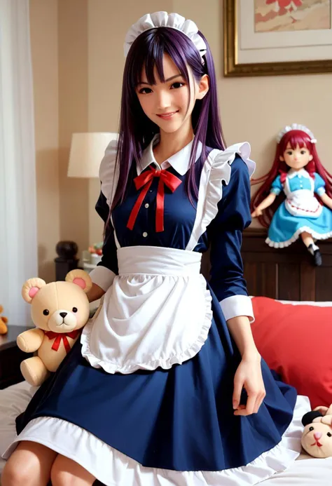 osakabe itoko, black eyes, purple hair, long hair, bob cut, smile, maid, blue dress, maid apron, maid headdress, red neck ribbon, score_9, score_8_up, score_7_up, score_6_up, anime coloring,plushify, character stuffed toy, chibi,v