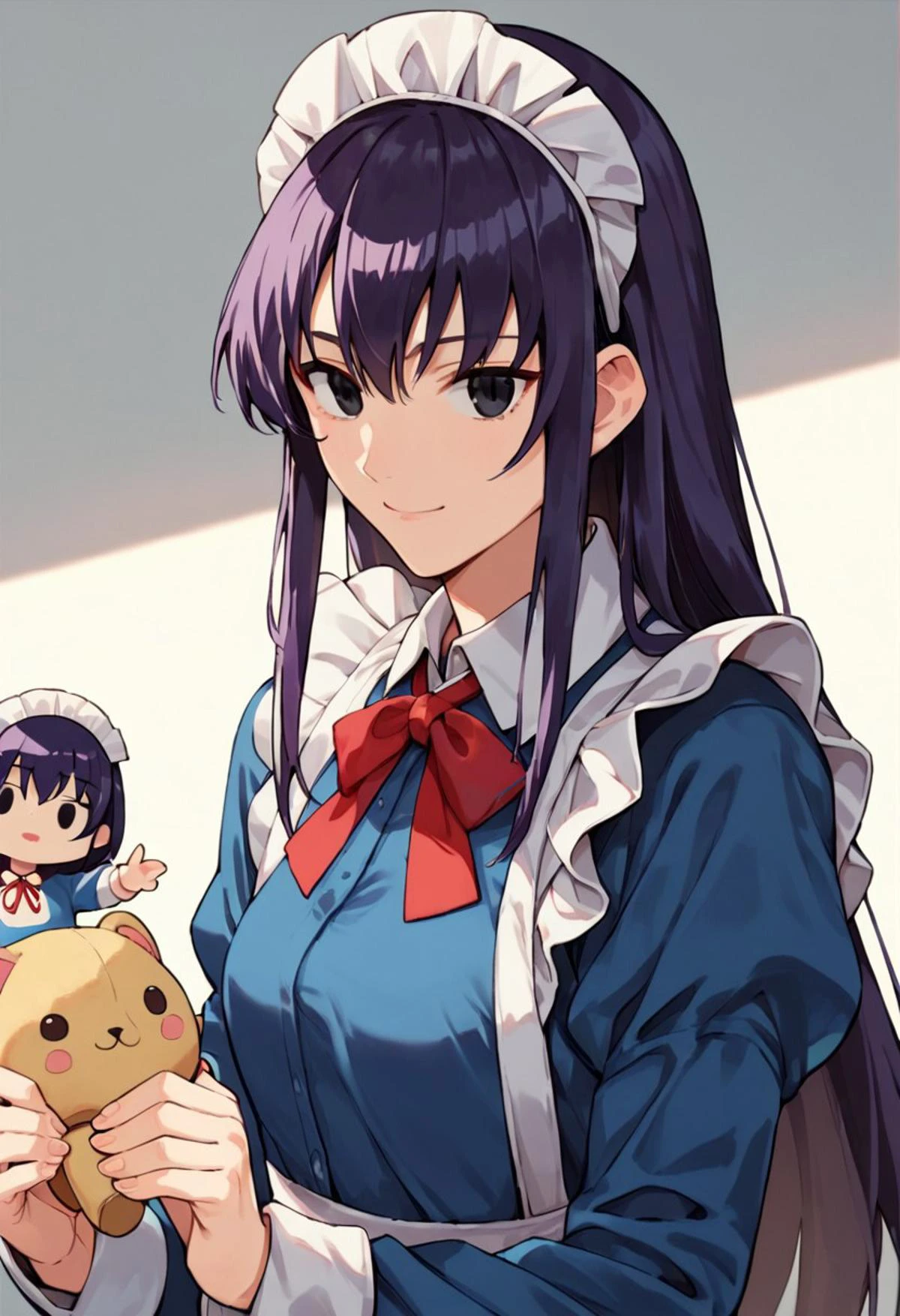osakabe itoko, black eyes, purple hair, long hair, bob cut, smile, maid, blue dress, maid apron, maid headdress, red neck ribbon, score_9, score_8_up, score_7_up, score_6_up, anime coloring,plushify, character stuffed toy, chibi