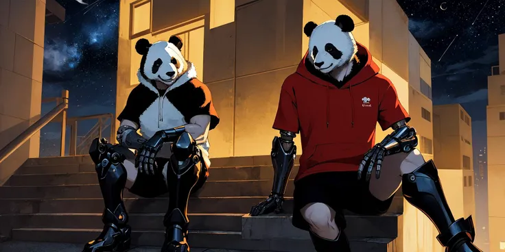 realistic digital art, a cyborg anthropomorphic giant panda male furry sitting on stairs on rooftop, He has mechanical arms, mechanical hands, mechanical legs and mechanical boots, He wears short sleeves red hoodie, cloak, baggy clothes, baggy shorts, looking afar, city below, backlighting, night, moonlight, starry sky, shooting star, constellation