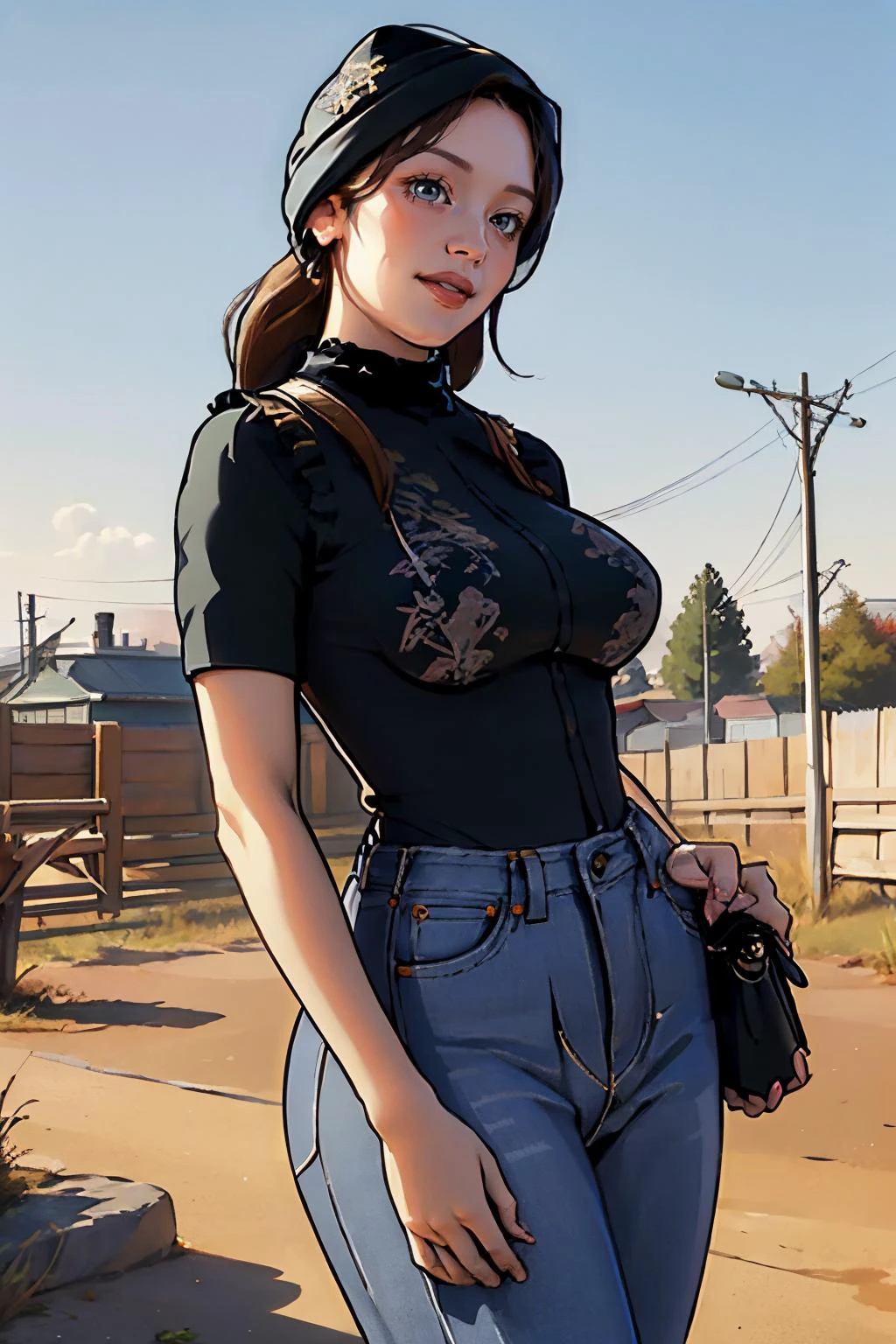 1girl, solo, Central Asian, (seductive smile, looking away, light blue eyes:1.2), (light brown hair, boho waves:1.1), light passing through hair, (pureerosface_v1:1.2), (cowboy shot:1.5), Hourglass body, Voluptuous, (large breasts:1.4), (angelic beings with radiant wings and ethereal garments, emanating a warm glow:1.2), (black brocade ruffle blouse, brown nylon boyfriend jeans, hiking boots, ear warmers:1.2), nice hands, perfect hands, <lora:gtasanandreas-style-richy-v1:1> <lora:GoodHands-beta2:1>