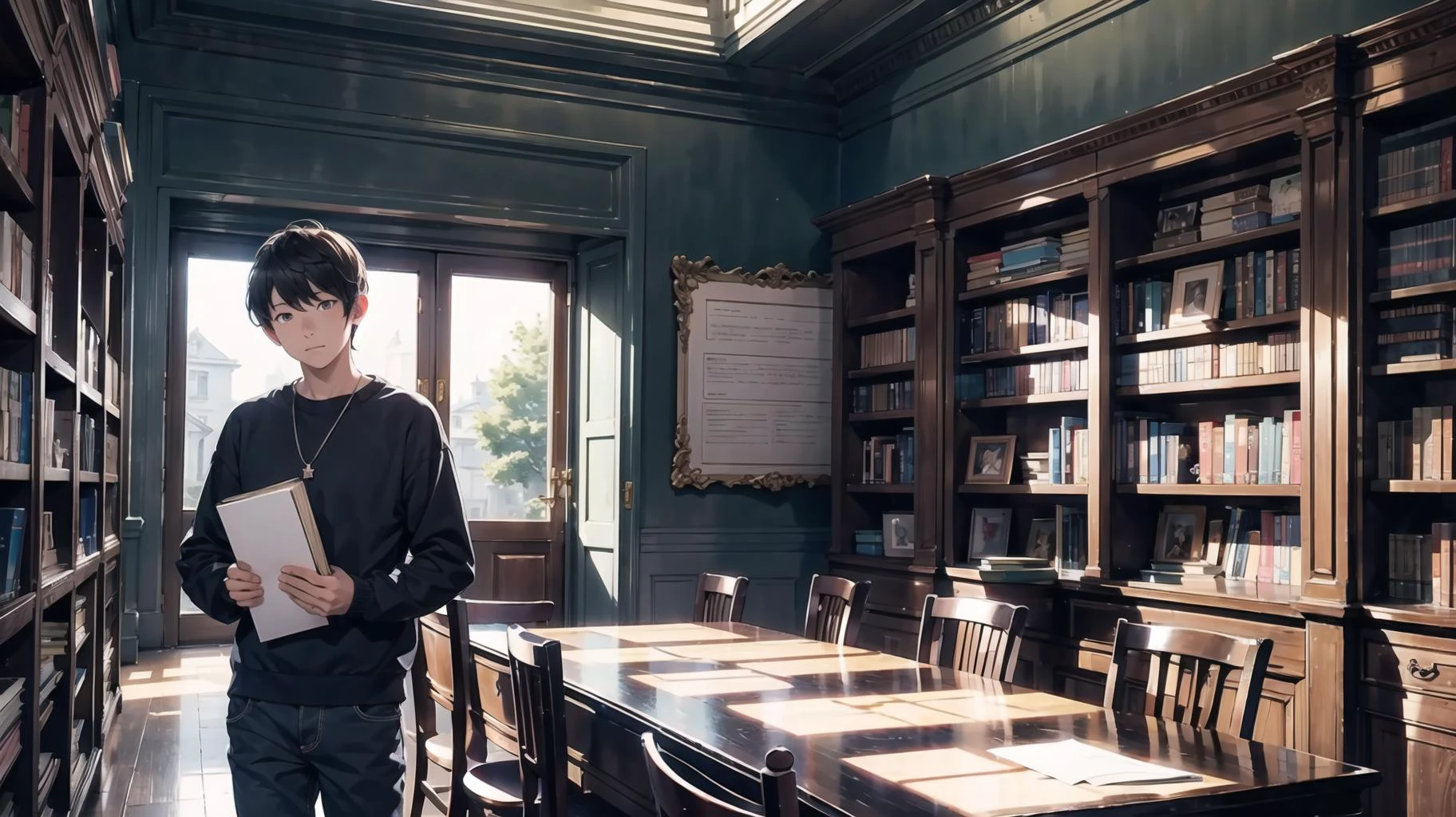 1 boy, hidden gem, casual clothing, hidden, book, magical library, glowing, soft lighting, masterpiece, <lora:add_detail:0.3>, <lora:DW-000008:0.1>, <lora:LAS:0.2>