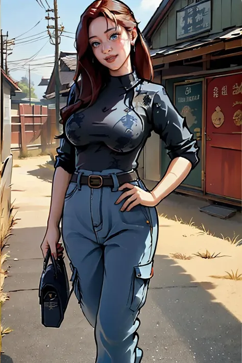 1girl, solo, Vietnamese, (seductive smile, looking down, blue eyes:1.2), (red hair, mohawk:1.1), light passing through hair, (pureerosface_v1:1.2), (cowboy shot:1.5), Hourglass body, Voluptuous, (large breasts:1.4), (:1.2), (dark blue brocade pullover, black cotton cargo jogger pants, kitten heels, belt bag:1.2), nice hands, perfect hands, <lora:gtasanandreas-style-richy-v1:1> <lora:GoodHands-beta2:1>