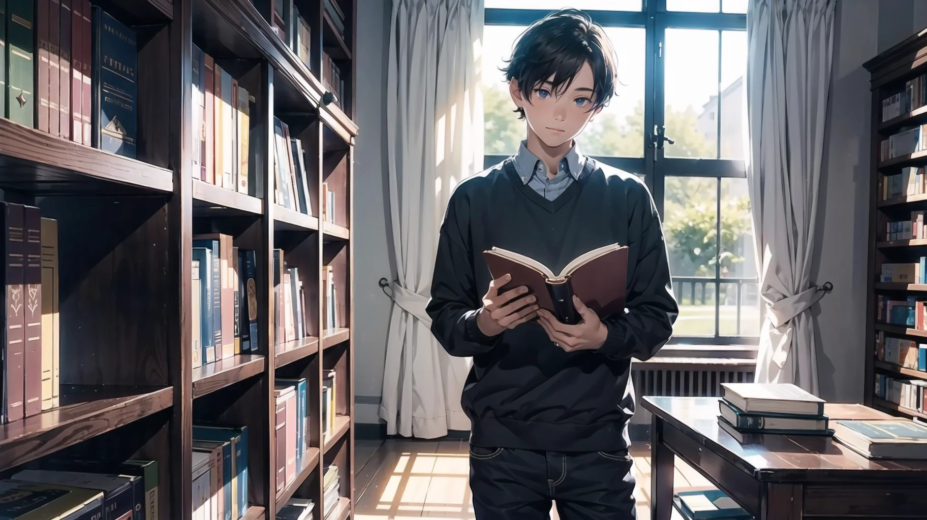 1 boy, hidden gem, casual clothing, hidden, book, magical library, glowing, soft lighting, masterpiece, <lora:add_detail:0.3>, <lora:DW-000008:0.1>, <lora:LAS:0.2>