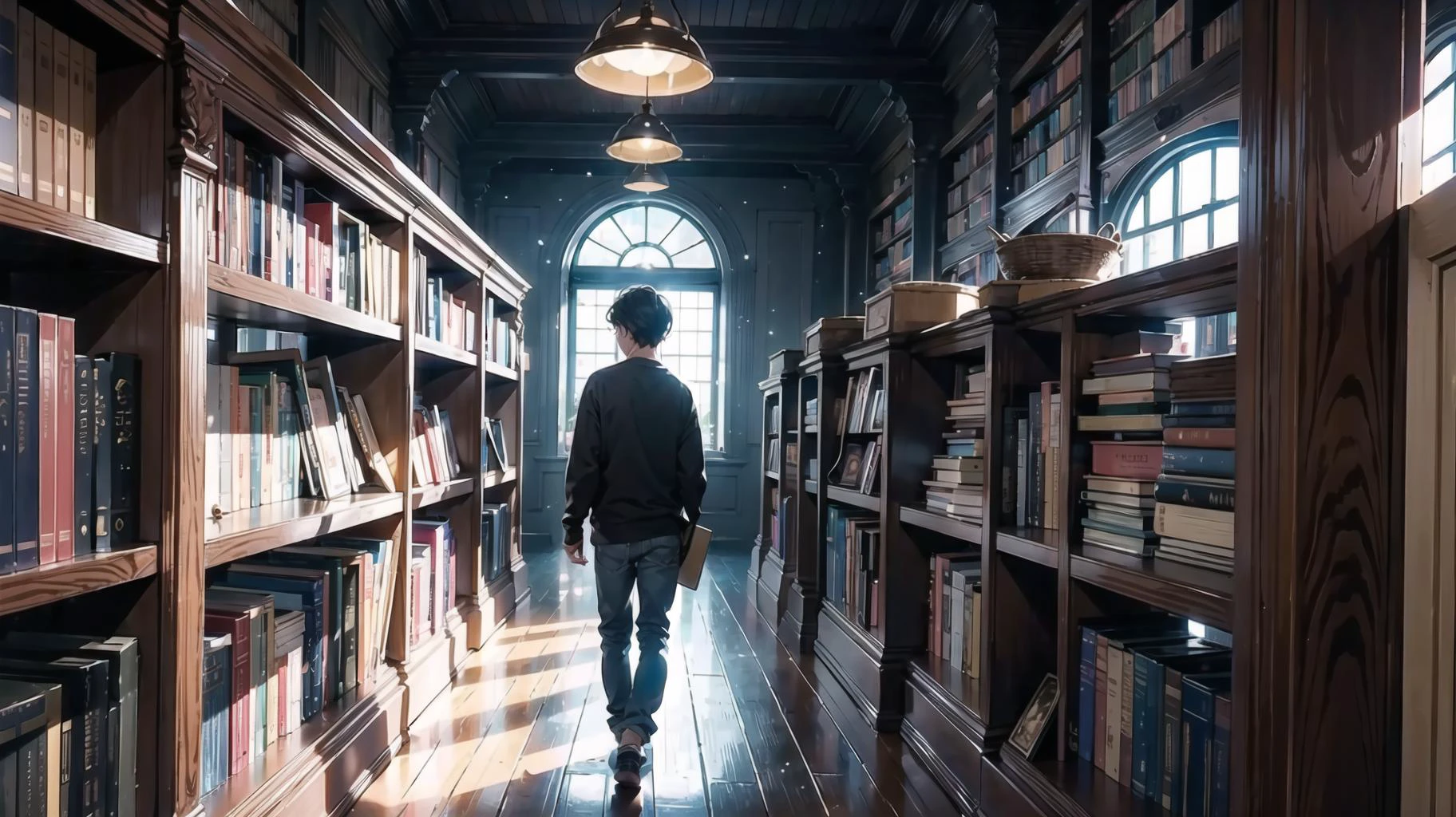 1 male, hidden gem, casual clothing, hidden, book, magical library, glowing, soft lighting, masterpiece, <lora:add_detail:0.3>, <lora:DW-000008:0.1>, <lora:LAS:0.2>