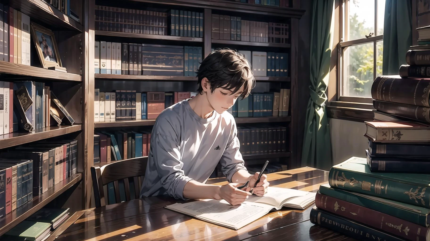 1 boy, hidden gem, casual clothing, hidden, book, magical library, glowing, soft lighting, masterpiece, <lora:add_detail:0.3>, <lora:DW-000008:0.1>, <lora:LAS:0.2>