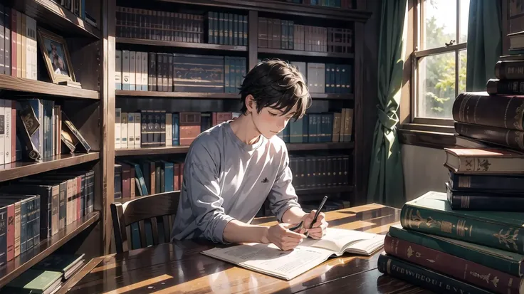 1 boy, hidden gem, casual clothing, hidden, book, magical library, glowing, soft lighting, masterpiece, <lora:add_detail:0.3>, <lora:DW-000008:0.1>, <lora:LAS:0.2>