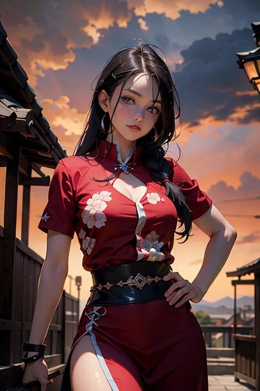 (masterpiece, best quality:1.5), (realistic:1.3), official art, (incredibly absurdres), unity 32k wallpaper, ultra-detailed, surreal, intricate details, japanese paper window background with glowing japanese letters, Mystic fantasy, mesmerizing, red magic circle, red glowing smoke around, hdr, dramatic lighting, looking_at_viewer, cowboy shot, upperbody 1girl in a red dress holding a sword in front of a red background, poster art, <lora:EpicSky-000006:1:KEEPBG>, EpicSky, cloudy sky, cloud,