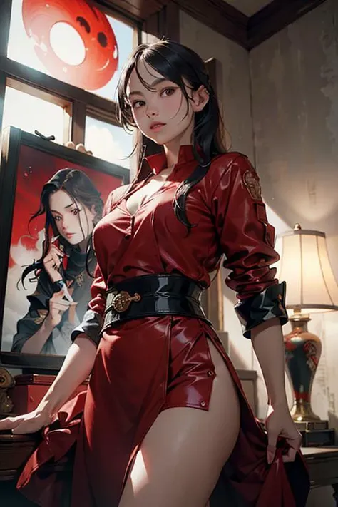 (masterpiece, best quality:1.5), (realistic:1.3), official art, (incredibly absurdres), unity 32k wallpaper, ultra-detailed, surreal, intricate details, japanese paper window background with glowing japanese letters, Mystic fantasy, mesmerizing, red magic circle, red glowing smoke around, hdr, dramatic lighting, looking_at_viewer, cowboy shot, upperbody 1girl in a red dress holding a sword in front of a red background, poster art, <lora:EpicSky-000006:1:KEEPBG>, EpicSky, cloudy sky, cloud,