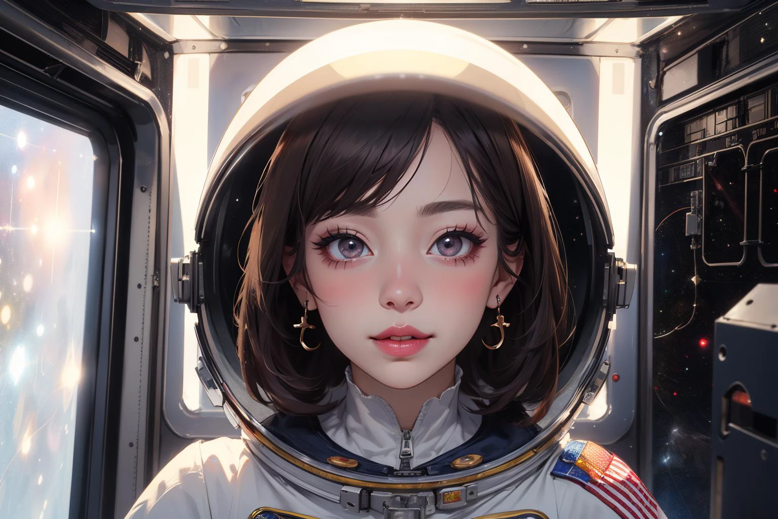 (masterpiece:1.5), (((top quality, best quality,  high quality))),  ((intricately detailed,  ultra-detailed,  insanely detailed)), highres,  32K,  extremely detailed unity CG 8K wallpaper,  (beautiful and aesthetic:1.2),  (((award-winning piece of art))), 
(1girl), (female focus), (astronaut:1.5),
beautiful gorgeous face, [:(detailed face:1.2):0.2], bright big eyes, pureerosface_v1, red lips, full lips, (light giggle:1.37), (closed lips:1.5).
perfect feminine body, bright glistening skin, realistic skin, skin pores, 
spacesuit, (zipped:1.4), long sleeves, (space helmet:1.3), earrings, hairclip,
(drifting in outer space:1.5), <lora:GoodHands-vanilla:1>