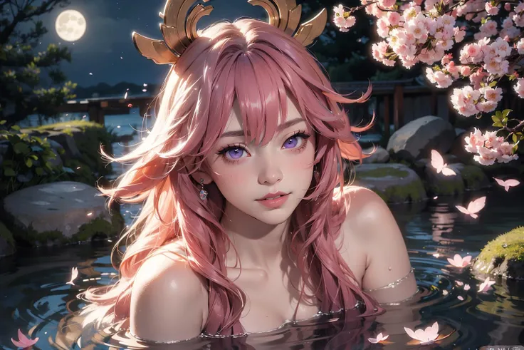 (masterpiece,best quality:1.5), (realistic,photorealistic:1.3), official art, unity 32k wallpaper, ultra detailed, aesthetic, surreal, captivating eyes,
1girl, <lora:yae_miko:0.6:FACE>, yae miko, bangs, fox_ears, hair_between_eyes, hair_ornament, long_hair, pink_hair, purple_eyes, seductive smile, solo,
(onsen, partially submerged, leaning forward, from above, nude:1.4, close-up),cherry_blossoms, east_asian_architecture, falling_petals, full_moon, moonlight, night, night sky, outdoors, spring_\(season\), tree, glowing aura, butterfly,