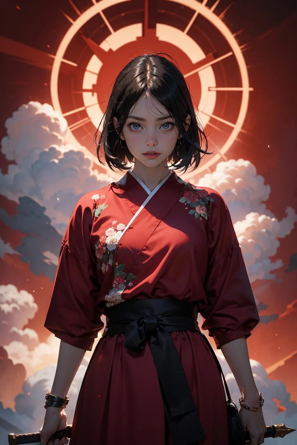 (masterpiece, best quality:1.5), (realistic:1.3), official art, (incredibly absurdres), unity 32k wallpaper, ultra-detailed, surreal, intricate details,
japanese paper window background with glowing japanese letters,
Mystic fantasy, mesmerizing, red magic circle, red glowing smoke around, hdr, dramatic lighting, looking_at_viewer, cowboy shot, upperbody
1girl in a red dress holding a sword in front of a red background, poster art, <lora:EpicSky-000006:1:KEEPBG>, EpicSky, cloudy sky, cloud,