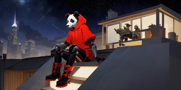 realistic digital art, a cyborg anthropomorphic giant panda male furry sitting on stairs on rooftop, He has mechanical arms, mechanical hands, mechanical legs and mechanical boots, He wears short sleeves red hoodie, cloak, baggy clothes, baggy shorts, looking afar, city below, backlighting, night, moonlight, starry sky, shooting star, constellation