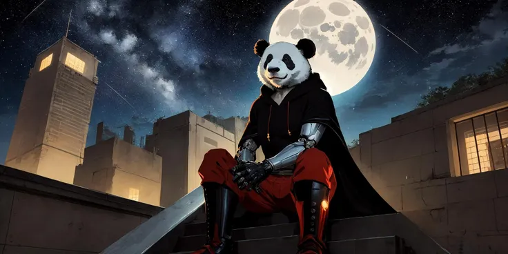 realistic digital art, a cyborg anthropomorphic giant panda male furry sitting on stairs on rooftop, He has mechanical arms, mechanical hands, mechanical legs and mechanical boots, He wears short sleeves red hoodie, cloak, baggy clothes, baggy shorts, looking afar, city below, backlighting, night, moonlight, starry sky, shooting star, constellation