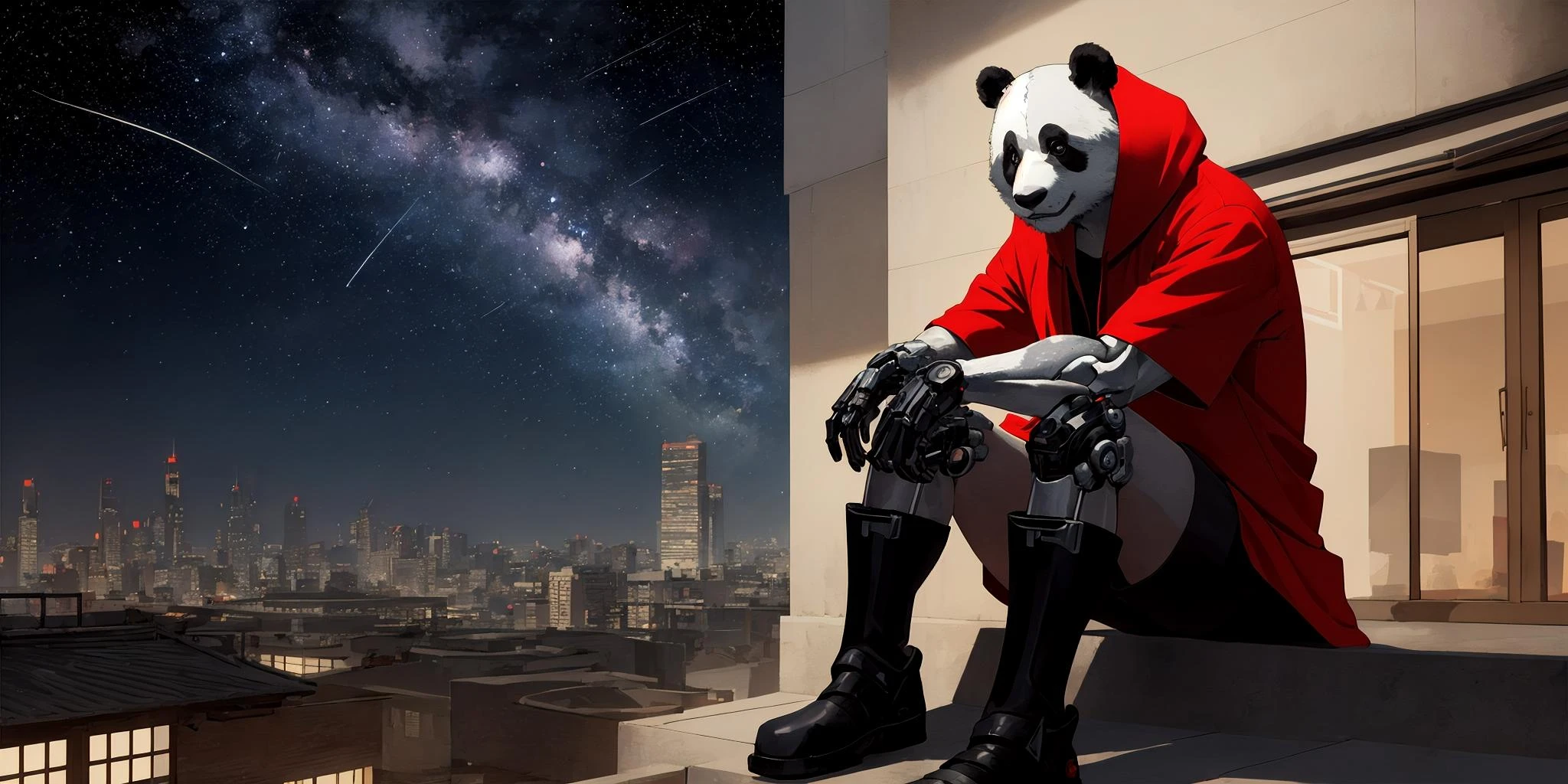 realistic digital art, a cyborg anthropomorphic giant panda male furry sitting on stairs on rooftop, He has mechanical arms, mechanical hands, mechanical legs and mechanical boots, He wears short sleeves red hoodie, cloak, baggy clothes, baggy shorts, looking afar, city below, backlighting, night, moonlight, starry sky, shooting star, constellation