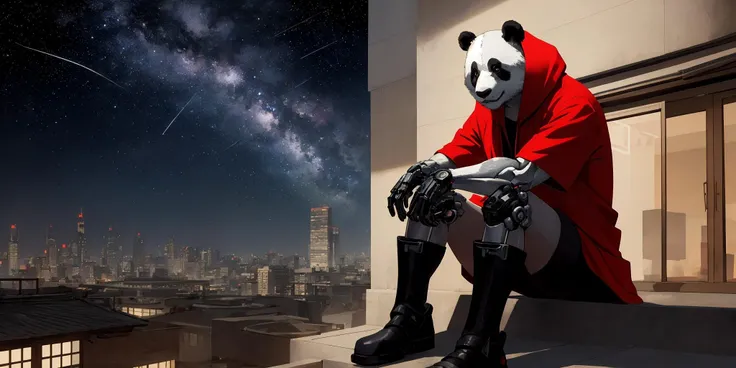 realistic digital art, a cyborg anthropomorphic giant panda male furry sitting on stairs on rooftop, He has mechanical arms, mechanical hands, mechanical legs and mechanical boots, He wears short sleeves red hoodie, cloak, baggy clothes, baggy shorts, looking afar, city below, backlighting, night, moonlight, starry sky, shooting star, constellation