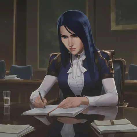arcane, caitlyn, blue hair, blue eyes, 1girl, solo, long hair, bangs, congresswoman, wearing formal dress, sitting at congress meeting, table, papers, high quality <lora:caitlyn-v2:0.85>