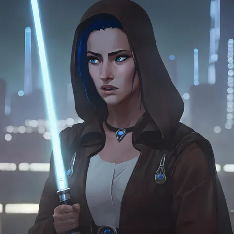 arcane, caitlyn, blue hair, solo, blue eyes, hood, hood up, wearing robes, jedi robes, holding blue lightsaber, futuristic city in background, highly detailed, film still, photo realism <lora:caitlyn-v2:0.8>