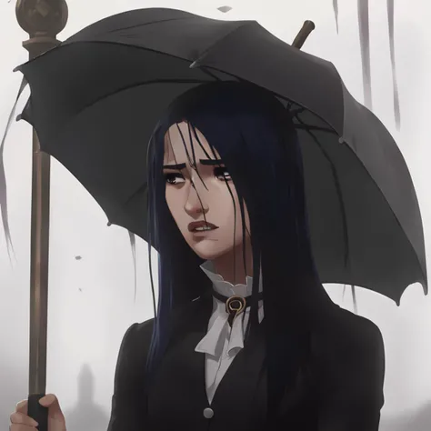 arcane, caitlyn, blue hair, 1girl, solo, long hair, bangs, black attire, black umbrella, funeral, sad, messy hair <lora:caitlyn-v2:0.75>