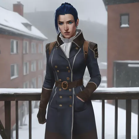 arcane, caitlyn, blue hair, blue eyes, 1girl, solo, ponytail, standing on balcony, snowy, winter coat, photo realism, photograph, nikon d3500, high resolution  <lora:caitlyn-v2:0.8>