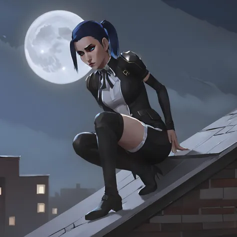 arcane, caitlyn, blue hair, blue eyes, 1girl, solo, bangs, dressed as a secret agent, black latex suit, pony tail, crouched on rooftop, nighttime, moon , high quality, detailed, <lora:caitlyn-v2:0.8>