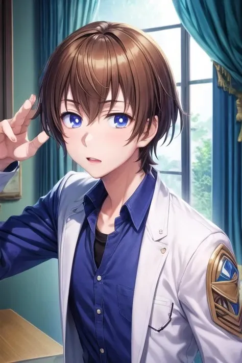 masterpiece, best quality, game cg, 1boy, solo, male focus, looking at viewer, , , <lora:masato_oosuki:0.64>, masato_oosuki, brown hair, blue eyes, , atompunk, Blu-ray