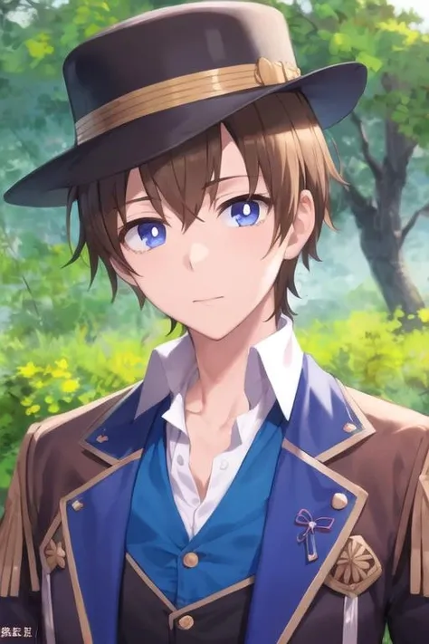 masterpiece, best quality, sketch, 1boy, solo, male focus, looking at viewer, upper body, depth of field, <lora:masato_oosuki:0.64>, masato_oosuki, brown hair, blue eyes, , bowler hat, , 2k resolution