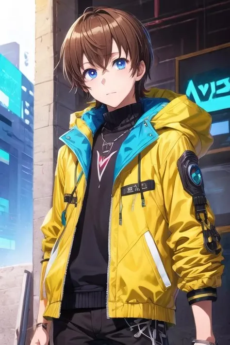 masterpiece, best quality, sketch, 1boy, solo, male focus, looking at viewer, , , <lora:masato_oosuki:0.64>, masato_oosuki, brown hair, blue eyes, jacket, , science fiction cyberpunk,