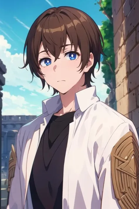 masterpiece, best quality, , 1boy, solo, male focus, looking at viewer, upper body, depth of field, <lora:masato_oosuki:0.66>, masato_oosuki, brown hair, blue eyes, , ancient rome, High definition
