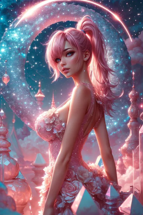 (ultra realistic,32k, masterpiece:1.2),(high detailed skin:1.1),( high quality:1.1),
1girl, pink hair, ponytail hair, bangs,(aqua eyes:0.9),(red lips:0.8),[<lora:edgCrystalDress:0.5>edgCrystal, wearing a dress made of crystals, wearing edgCrystal:<lora:cupid-astrology-style-darquelilly-v1:0.5>cupidastrostyle,sparkling, glitter,  Crochet Cheeky One Piece Monokini:25],(looking at viewer, standing,:1.1),, huge breast,<lora:add_detail:0.98>,
(lighting:1.1),  <lora:20240127-1706323464007:0.5>cosmos, cosmic, cosmos background , blurry background,