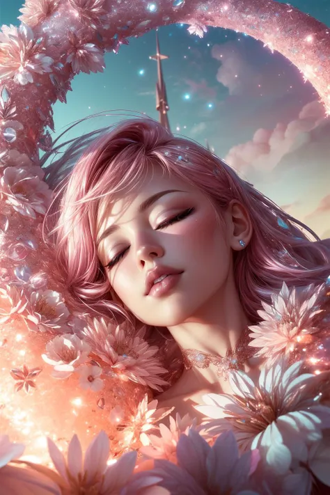 (ultra realistic,32k, masterpiece:1.2),(high detailed skin:1.1),( high quality:1.1),
1girl, pink hair, ponytail hair, bangs,(aqaua eyes:0.9),(makeup, mascara:0.9), (smile:0.5),  [ <lora:mdyueliang:0.8>dress,crescent,:<lora:edgCloudDressv1:0.5>edgCloud,wearing a dress made of clouds,wearing edgCloud:30],(huge breast:0.9),(closed eyes,  lying, from above:1.2), (close up:0.9),, <lora:add_detail:0.92>,(upper body:1.1), 
(soft shaded neon light:1.1),  celestial spire, reaching skies, ethereal energies, gateway to the heavens blurry background,