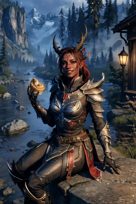 Dremora, female, colored skin, red skin, horns, armor, looking at viewer, happy, evil grin, 
sitting, outside, on rock, river, trees, mountain, holding a pastry, cinnamon roll, glazed, night time, stars, extreme detail, fantasy,  <lora:Dremora:.8>