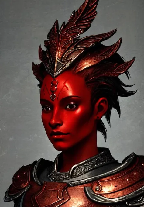 sfw, <lora:Dremora:0.8>, Dremora, 1girl, solo, colored skin, red skin, portrait,, copper skin, diamond body, petite breasts, (masterpiece, best quality, absurdres, detailed, ultra-detailed:1.3), (trending on CGSociety, trending on pixiv, contest winner:1.3)