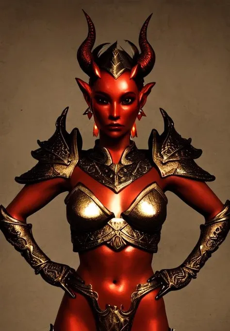 <lora:Dremora:0.8>, a female creature, Dremora, solo, colored skin, red skin, upper body, horns, copper skin, diamond body, petite breasts, (masterpiece, best quality, absurdres, detailed, ultra-detailed:1.3), (trending on CGSociety, trending on pixiv, contest winner:1.3)