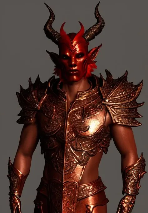 <lora:Dremora:0.8>, a male creature, Dremora, solo, colored skin, red skin, upper body, horns, copper skin, diamond body, petite breasts, (masterpiece, best quality, absurdres, detailed, ultra-detailed:1.3), (trending on CGSociety, trending on pixiv, contest winner:1.3)