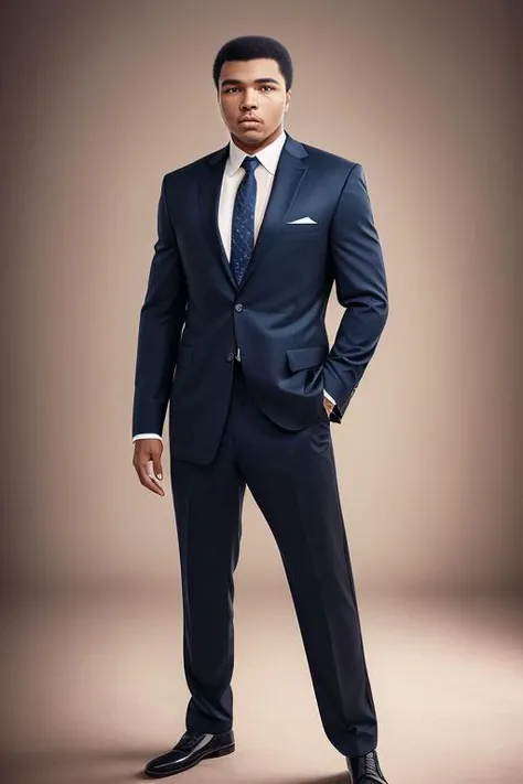 1man, solo, portrait of muhammadali man wear suit and tie, serious, details, realistic, photography, blurry background, softfocus <lora:ARWMuhammadAli:1>