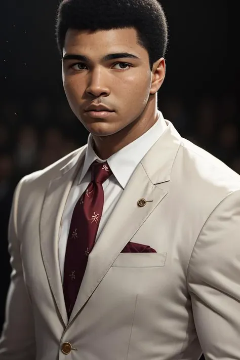 1man, solo, portrait of muhammadali man wear suit and tie, serious, details, realistic, photography, blurry background, softfocus <lora:ARWMuhammadAli:1>