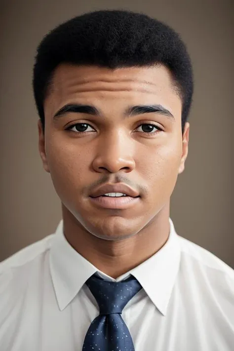 1man, solo, portrait of muhammadali man wear suit and tie, serious,  details, realistic, photography, blurry background, softfocus  <lora:ARWMuhammadAli:1>