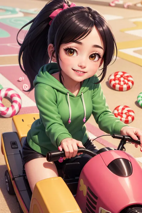 masterpiece, highres, photorealistic, picture, best quality, 8k, best quality, ultra-detailed, <lora:CHAR-Vanellope:0.3>, VanellopeVon, 1girl, solo,smile, happy, looking at viewer, ponytail, bow, green hoodie, black hair, brown eyes, ponytail,  (candy:1.6), mario kart, (candyland:1.3), candy kart, racetrack,