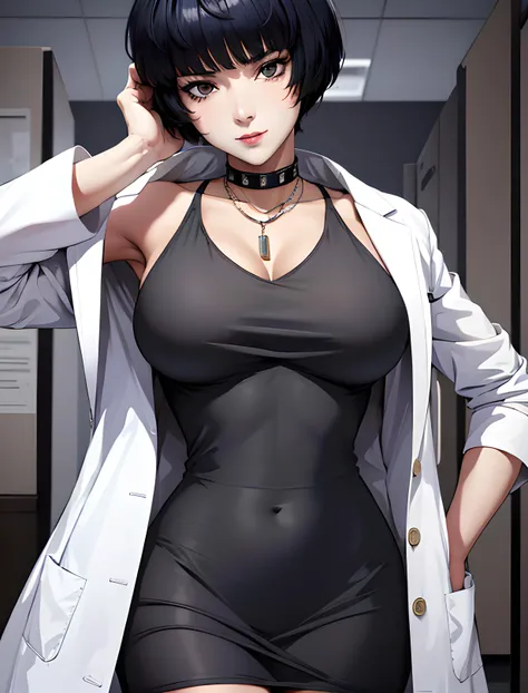 masterpiece, hot shot, ((best quality)), absurdres, perfect antomy, Tae Takemi, (Small smile), necklace, choker, dress, (Big breasts:1.3), braless, defined abdomen, labcoat, standing, doctor office background, sexy pose