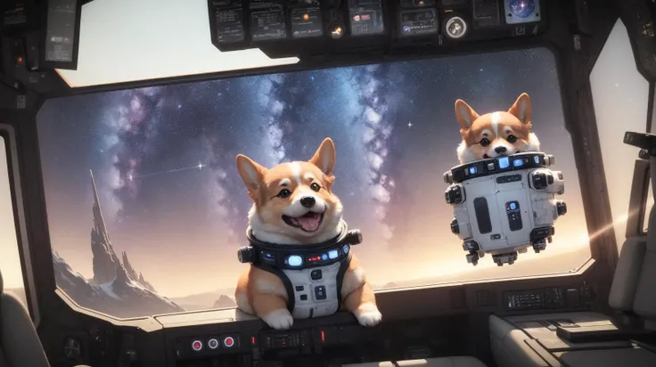 masterpiece, realistic, photo realistic, hyper realistic, 8k, masterpiece, best quality, spaceship interior, Corgi dog in a spacesuit, spaceship windows, outer space, stars, galaxies, sci-fi, space armored dog
